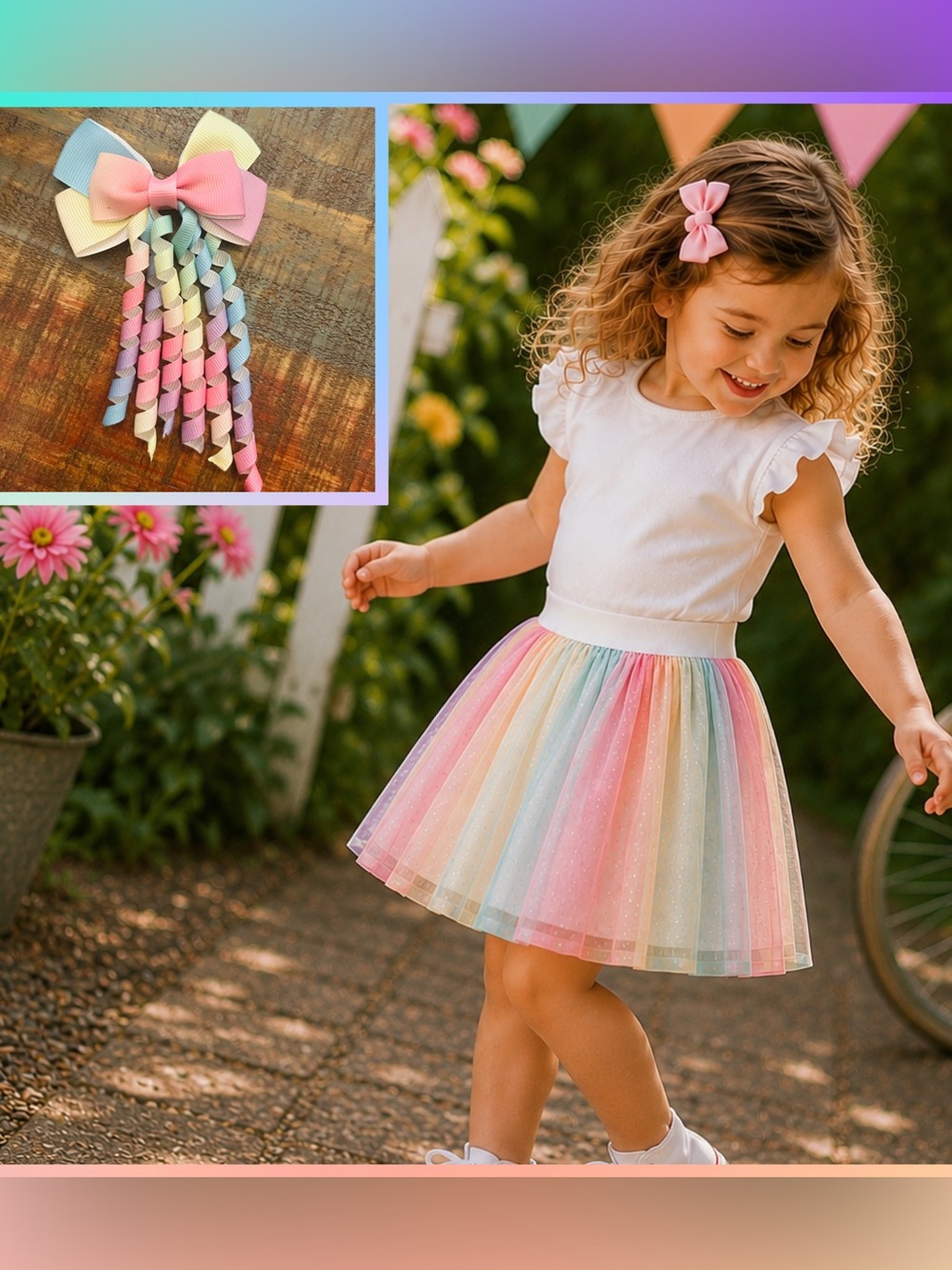 Nickelodeon Pink Fong Baby Shark Rainbow Tulle Skirt Tutu & Hair Bow Toddler 3T